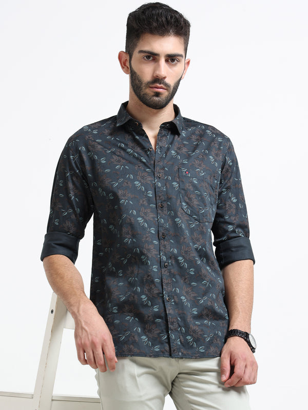 Dark Green Printed Slim Fit Cotton Casual Shirts