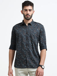 Dark Green Printed Slim Fit Cotton Casual Shirts