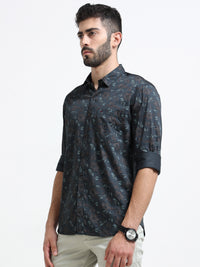 Dark Green Printed Slim Fit Cotton Casual Shirts