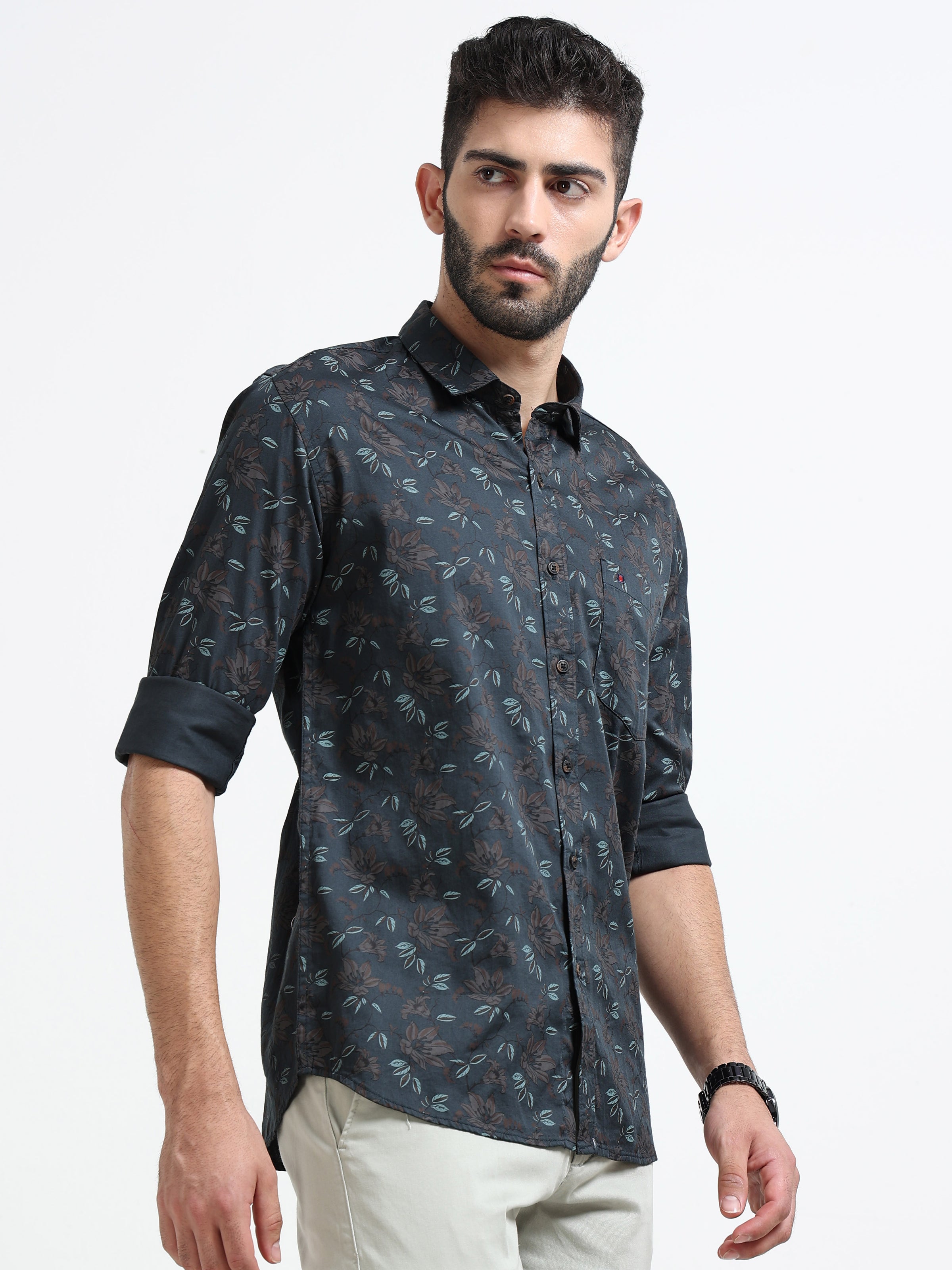 Dark Green Printed Slim Fit Cotton Casual Shirts