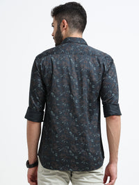 Dark Green Printed Slim Fit Cotton Casual Shirts