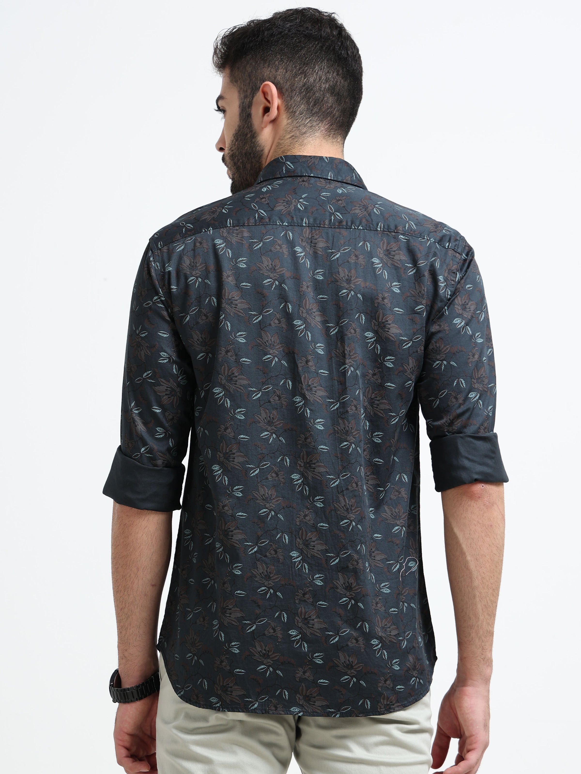 Dark Green Printed Slim Fit Cotton Casual Shirts