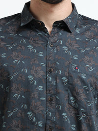 Dark Green Printed Slim Fit Cotton Casual Shirts