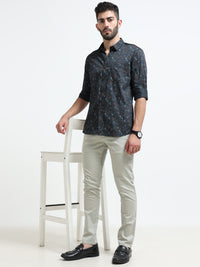 Dark Green Printed Slim Fit Cotton Casual Shirts