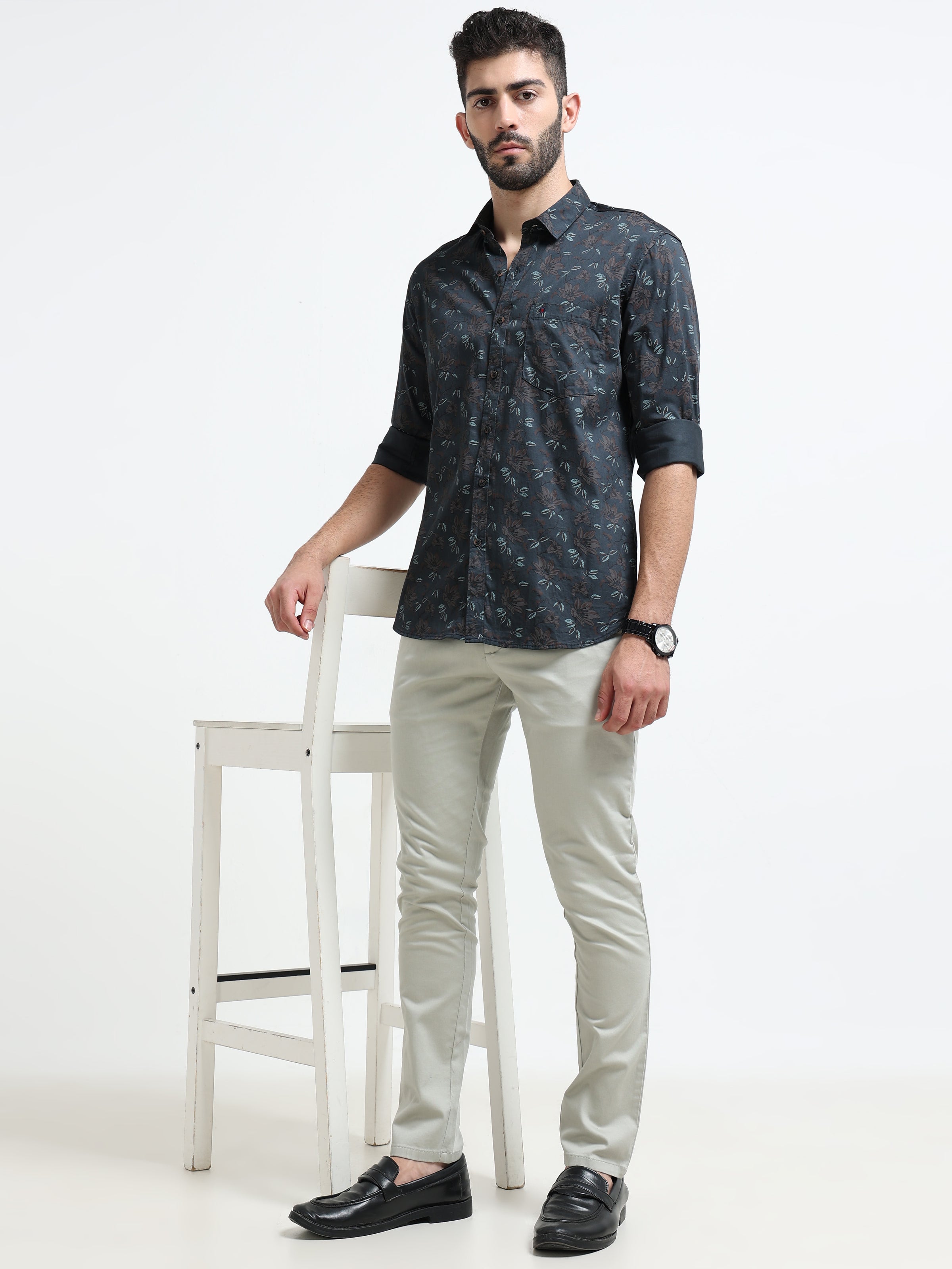 Dark Green Printed Slim Fit Cotton Casual Shirts