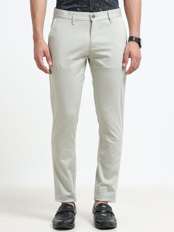 Men Grey Solid Satin With Lycra Ankle Fit Casual Trousers