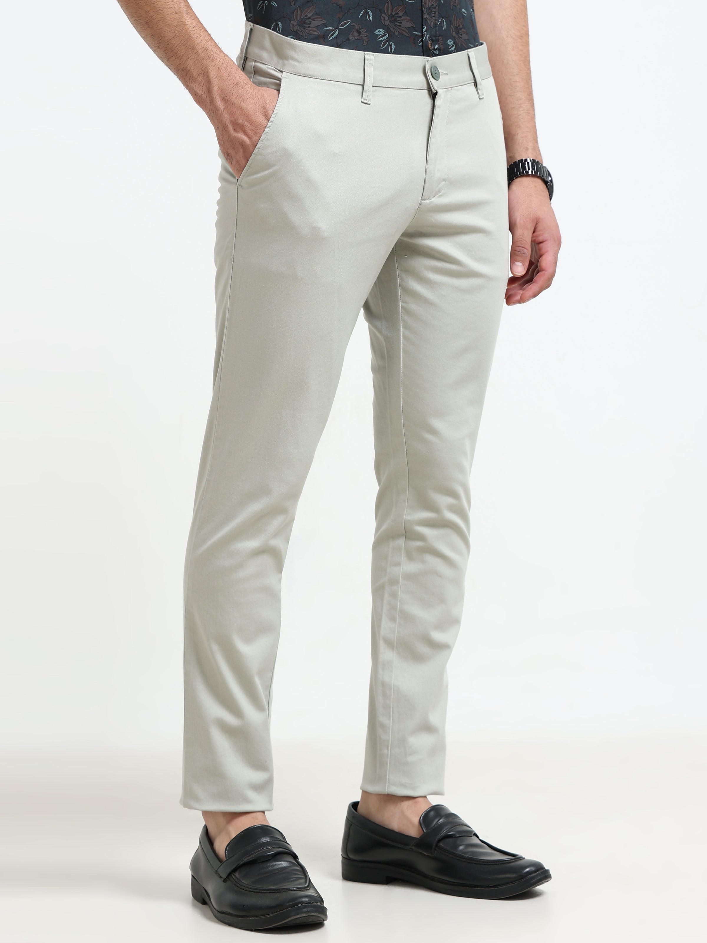 Men Grey Solid Satin With Lycra Ankle Fit Casual Trousers