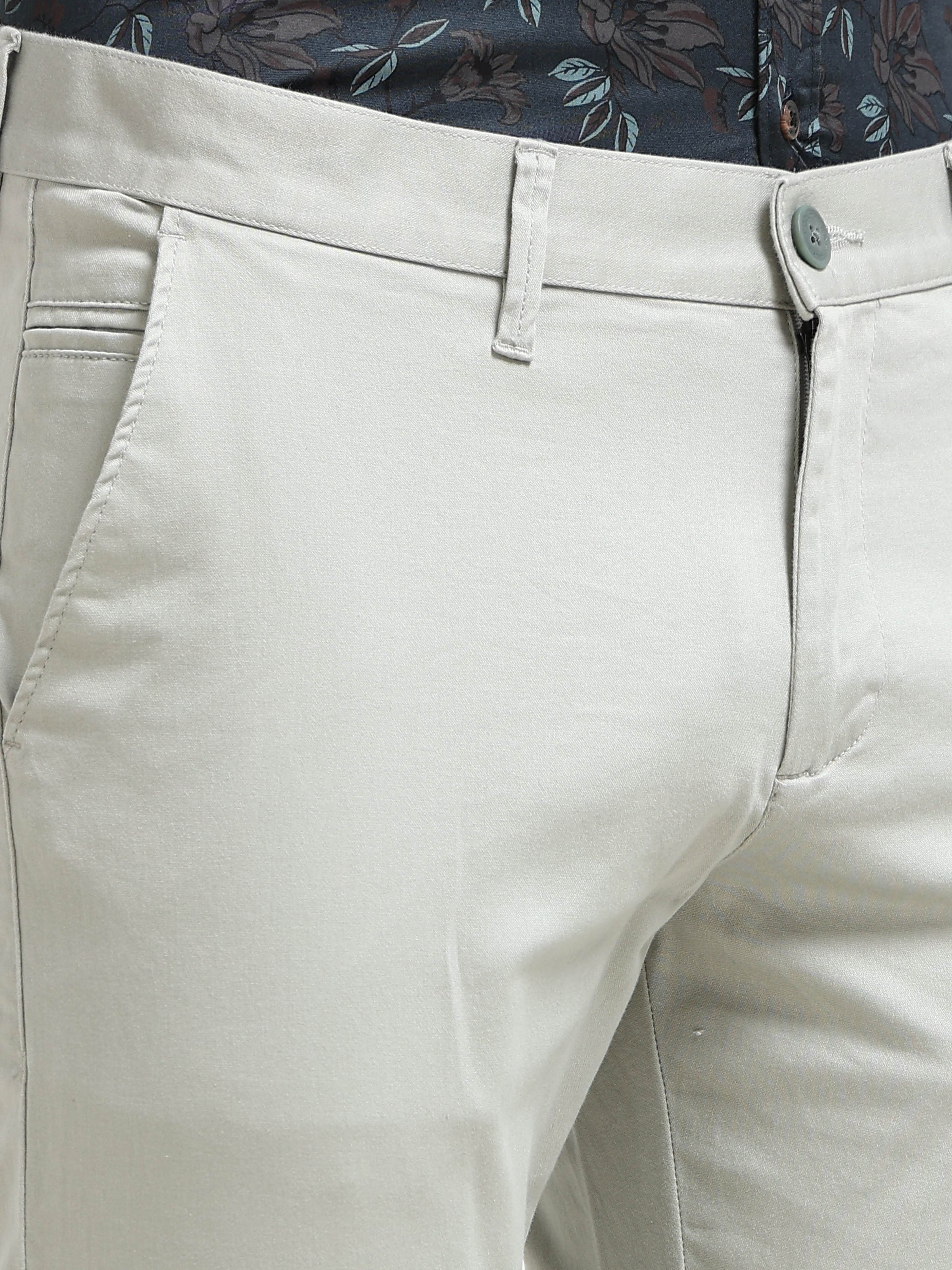 Men Grey Solid Satin With Lycra Ankle Fit Casual Trousers
