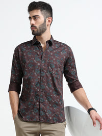 Maroon Printed Slim Fit Cotton Casual Shirts