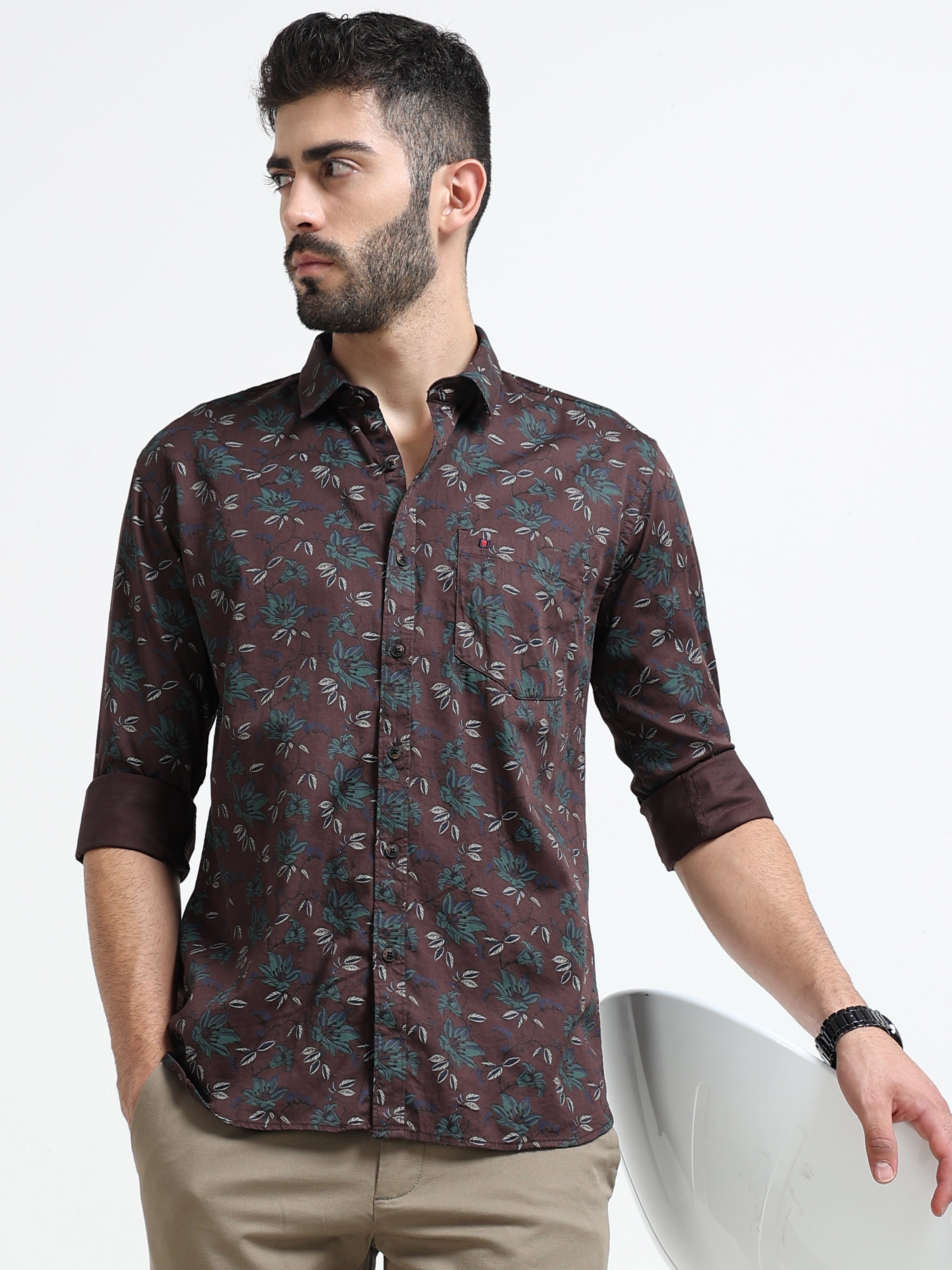 Maroon Printed Slim Fit Cotton Casual Shirts