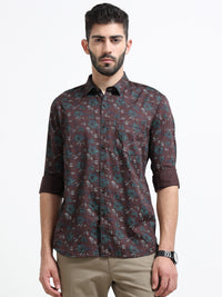 Maroon Printed Slim Fit Cotton Casual Shirts