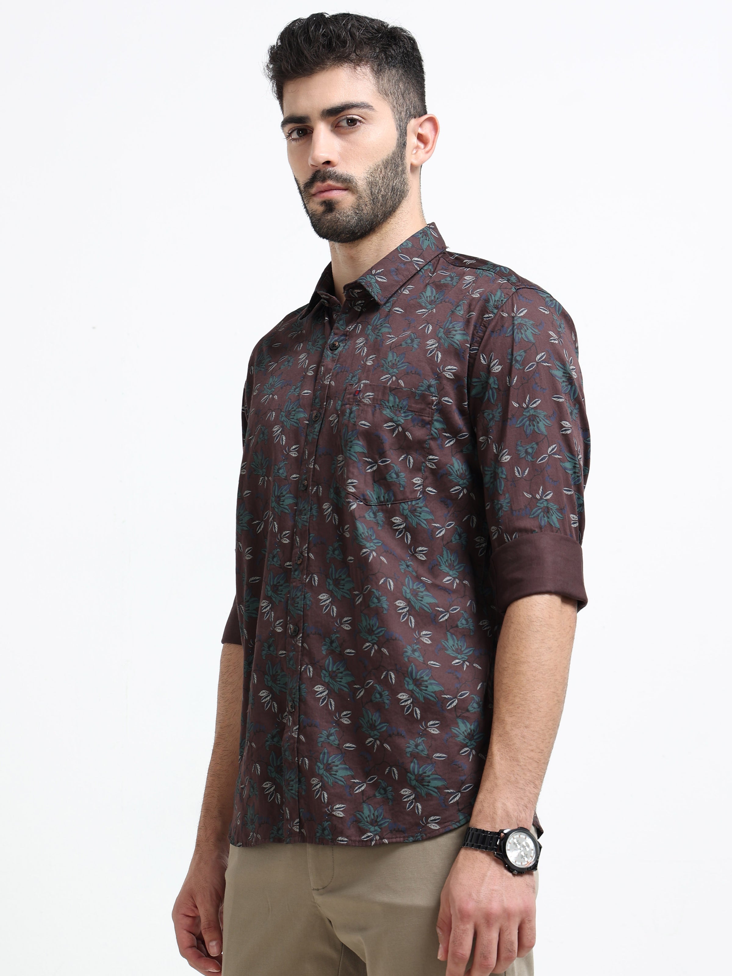 Maroon Printed Slim Fit Cotton Casual Shirts