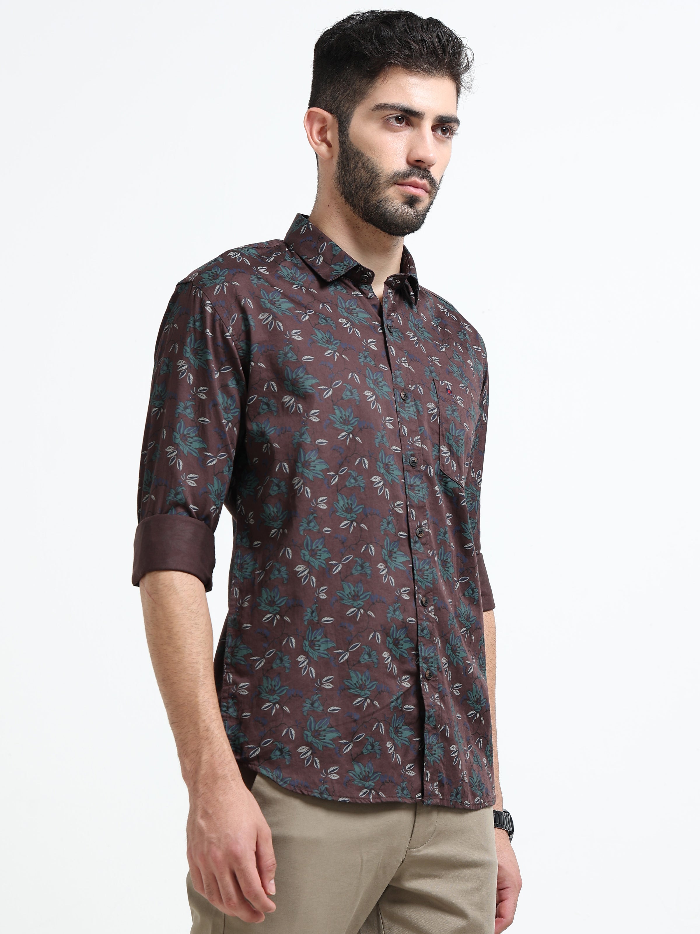 Maroon Printed Slim Fit Cotton Casual Shirts