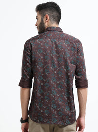 Maroon Printed Slim Fit Cotton Casual Shirts