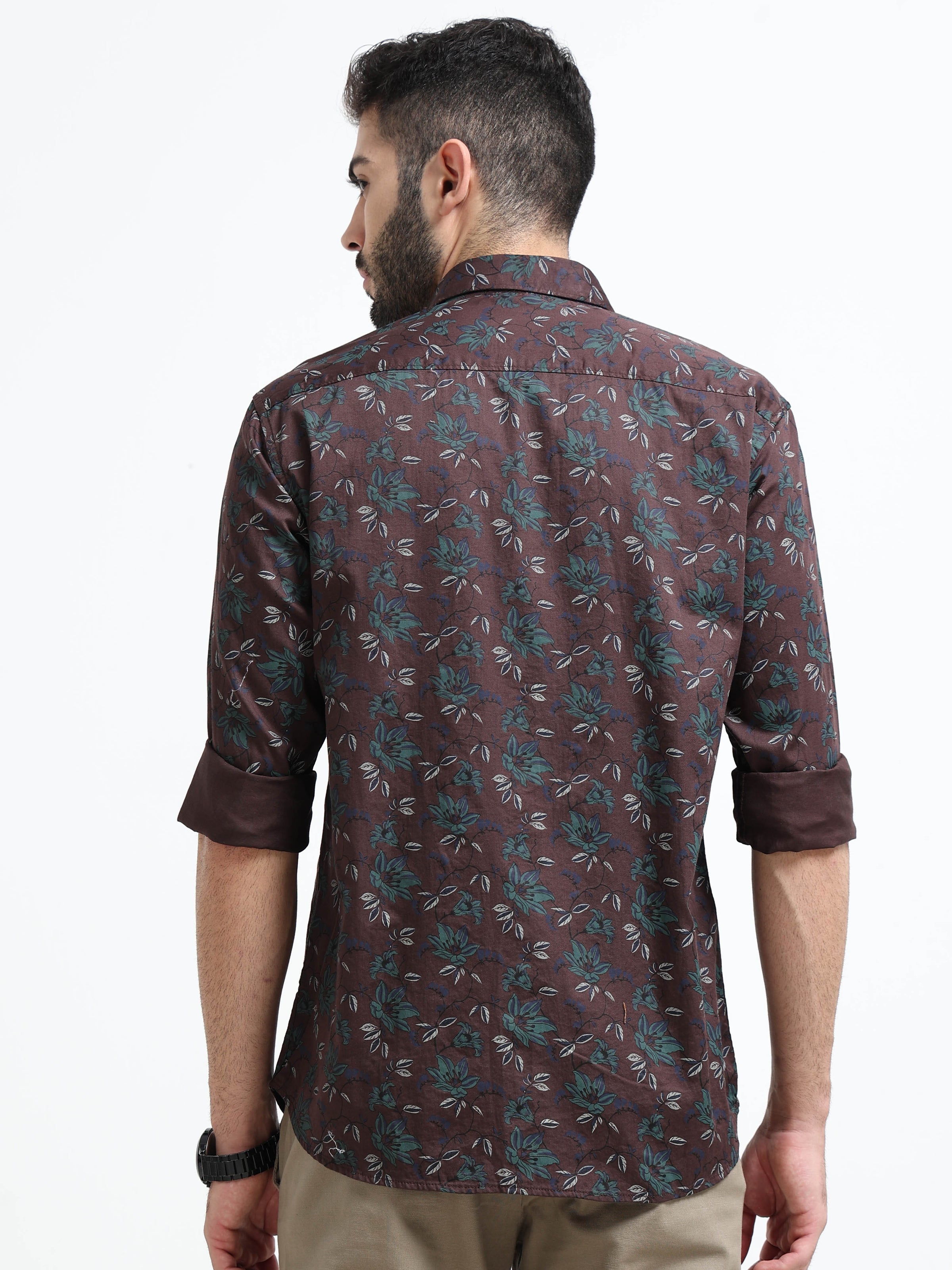 Maroon Printed Slim Fit Cotton Casual Shirts