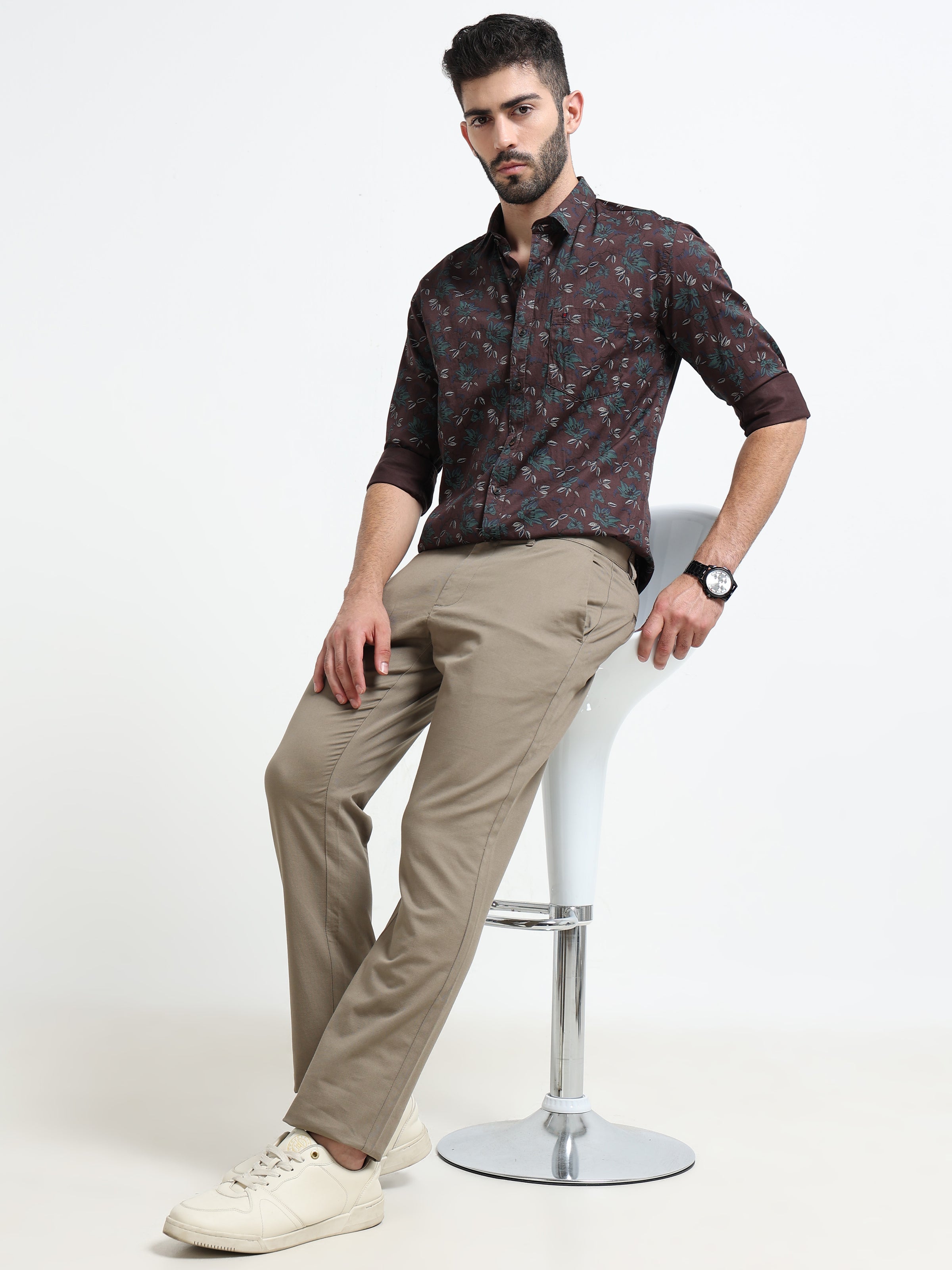 Maroon Printed Slim Fit Cotton Casual Shirts