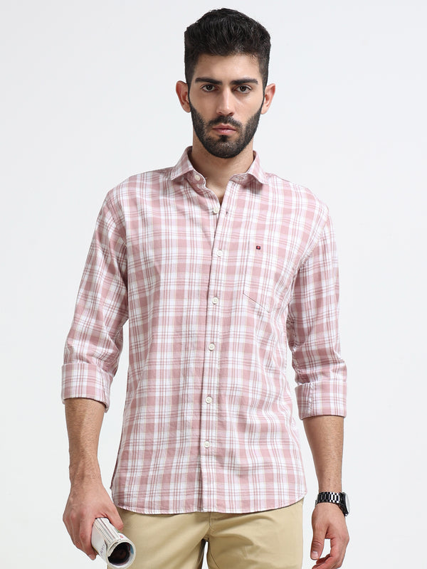 Light Pink Checked Slim Fit Casual Shirts