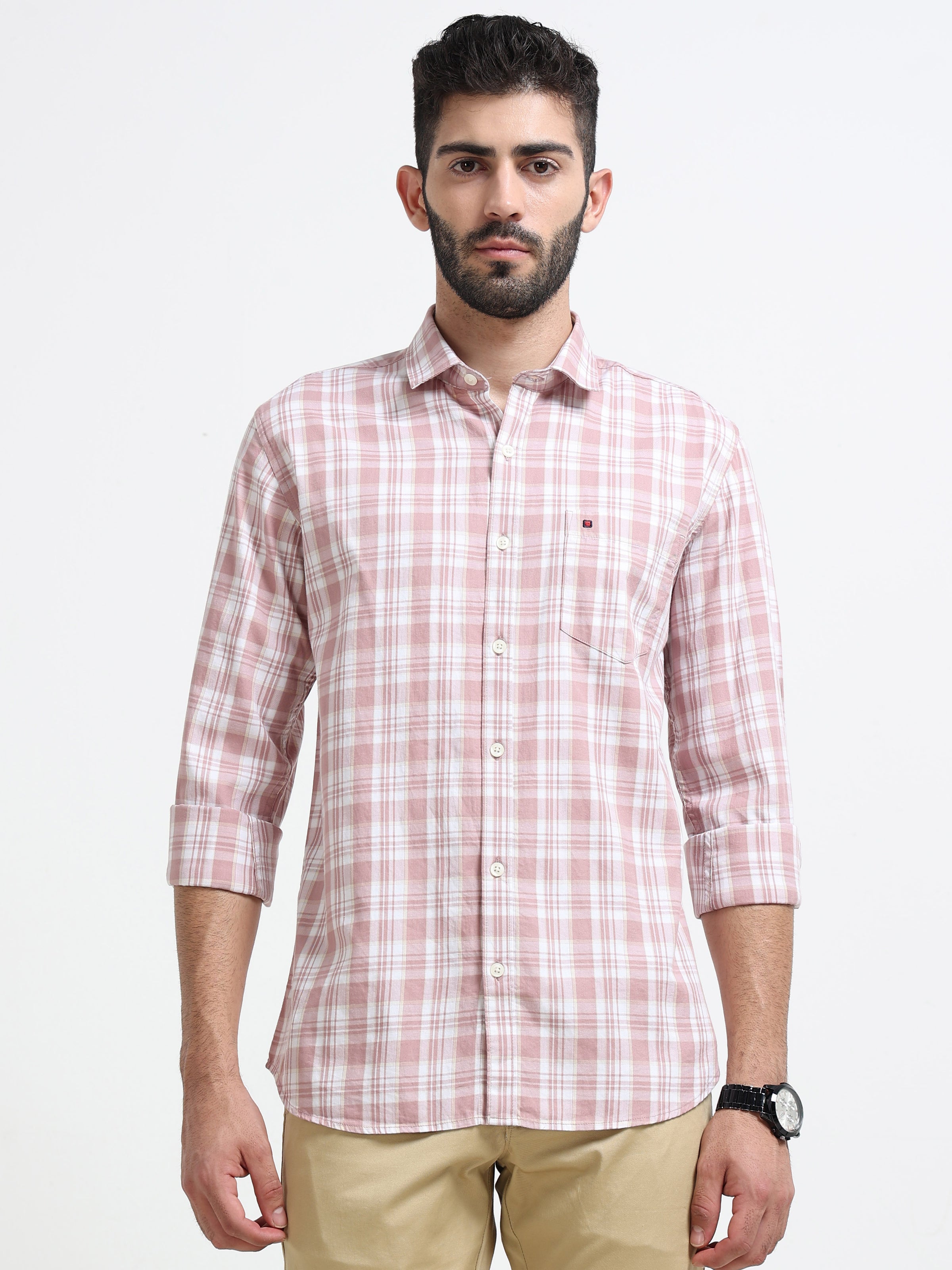 Light Pink Checked Slim Fit Casual Shirts