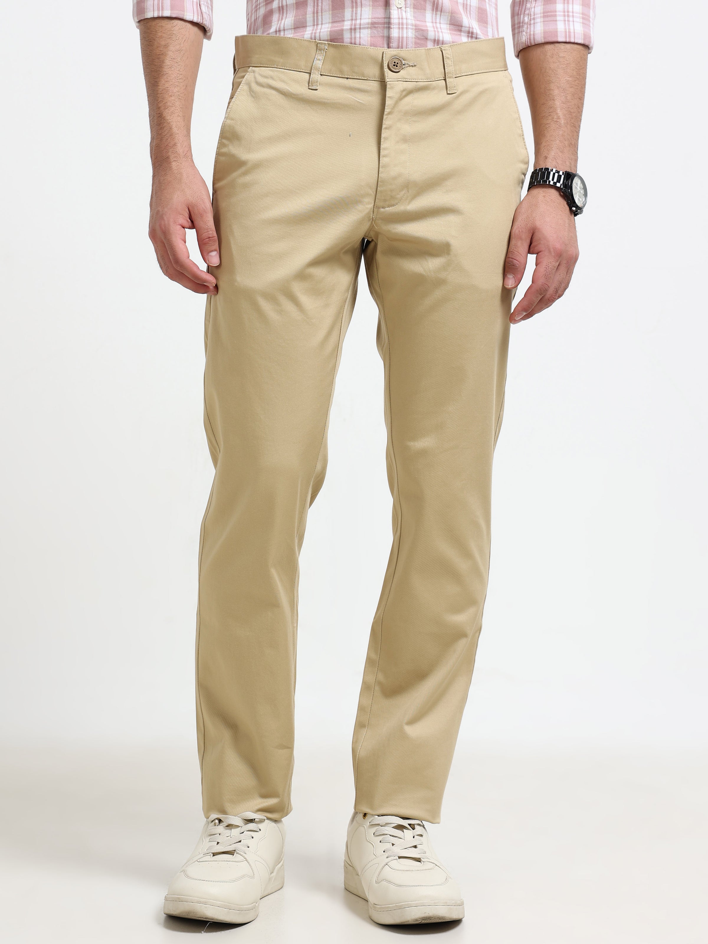 Men Khaki Solid Narrow Fit Casual Trousers