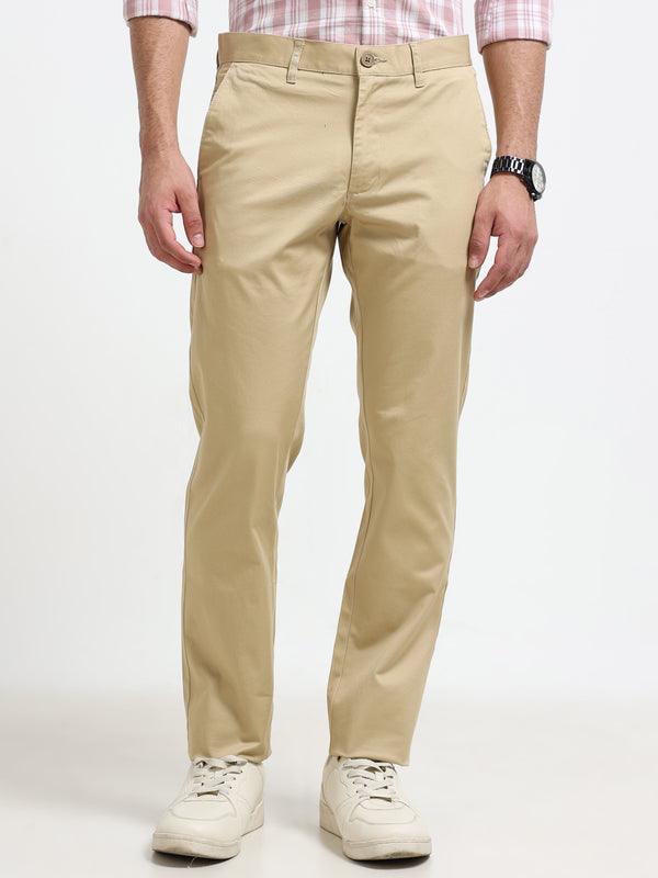 Men Khaki Solid Narrow Fit Casual Trousers