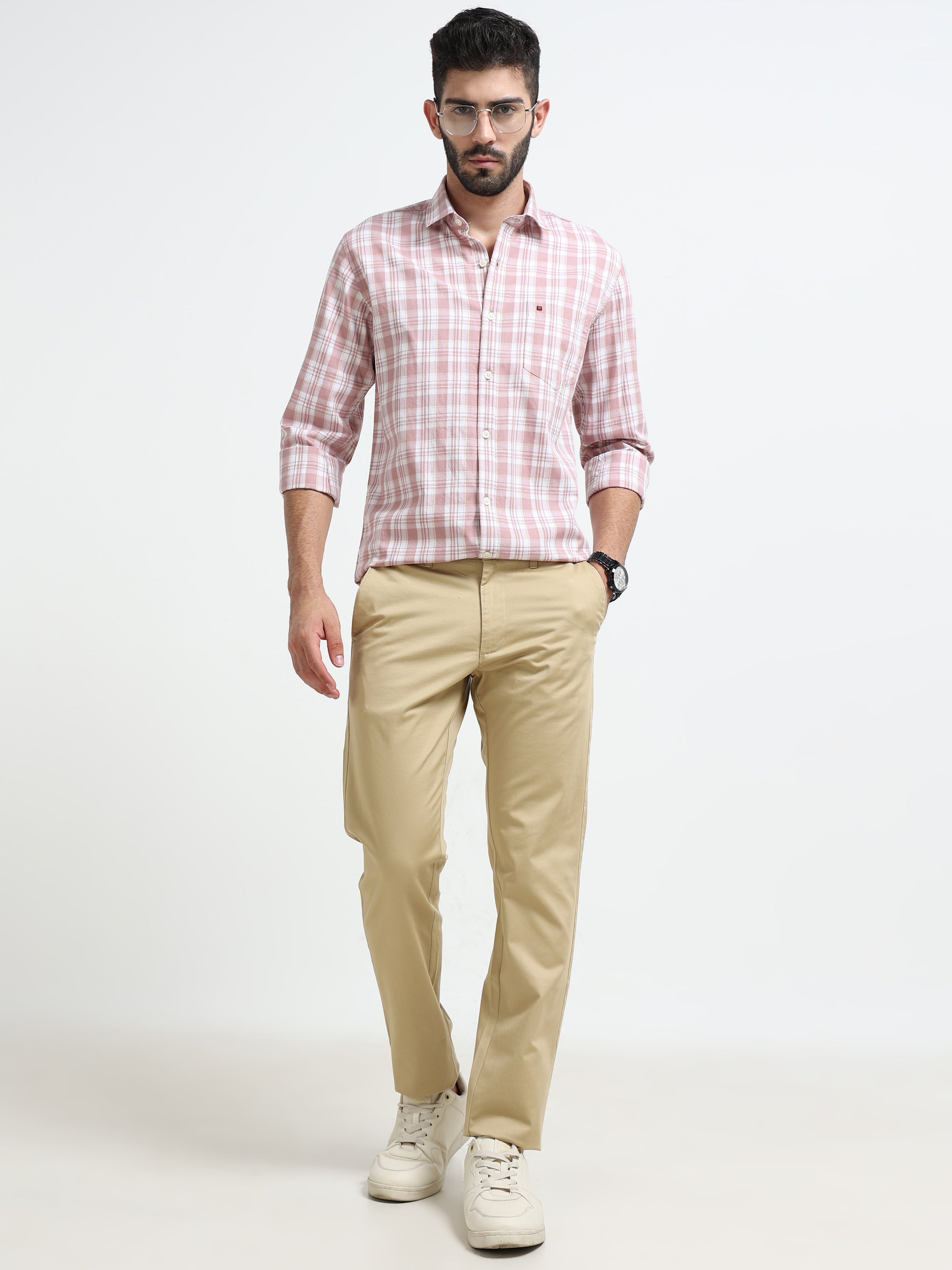 Men Khaki Solid Narrow Fit Casual Trousers
