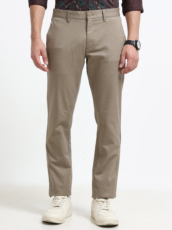 Men Khaki Dobby Narrow Fit Casual Trousers