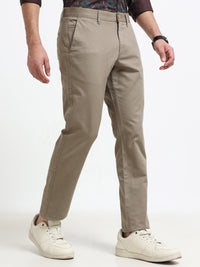 Men Khaki Dobby Narrow Fit Casual Trousers