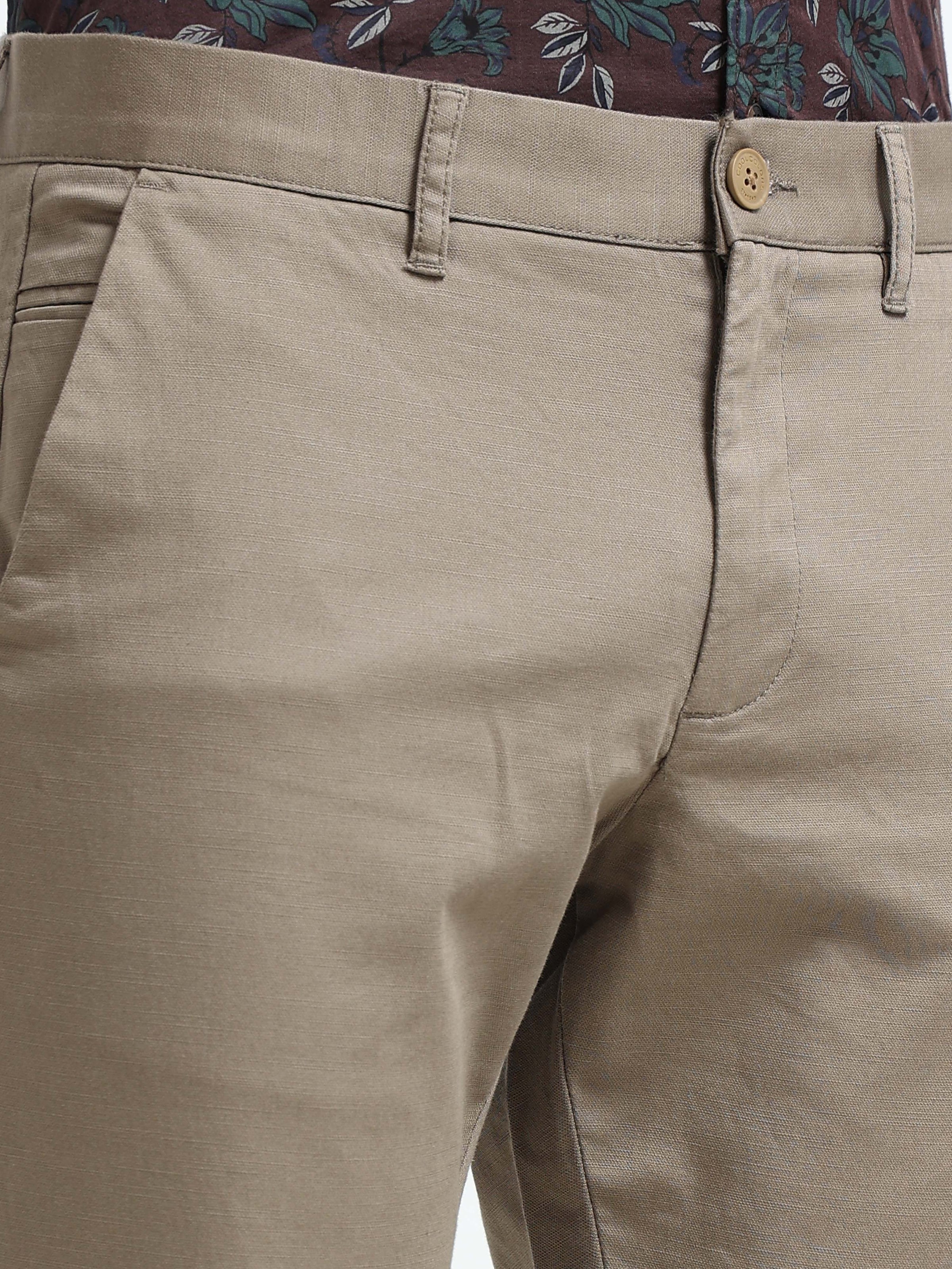 Men Khaki Dobby Narrow Fit Casual Trousers