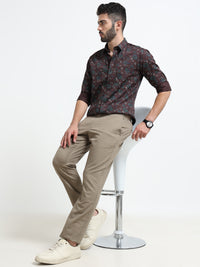 Men Khaki Dobby Narrow Fit Casual Trousers