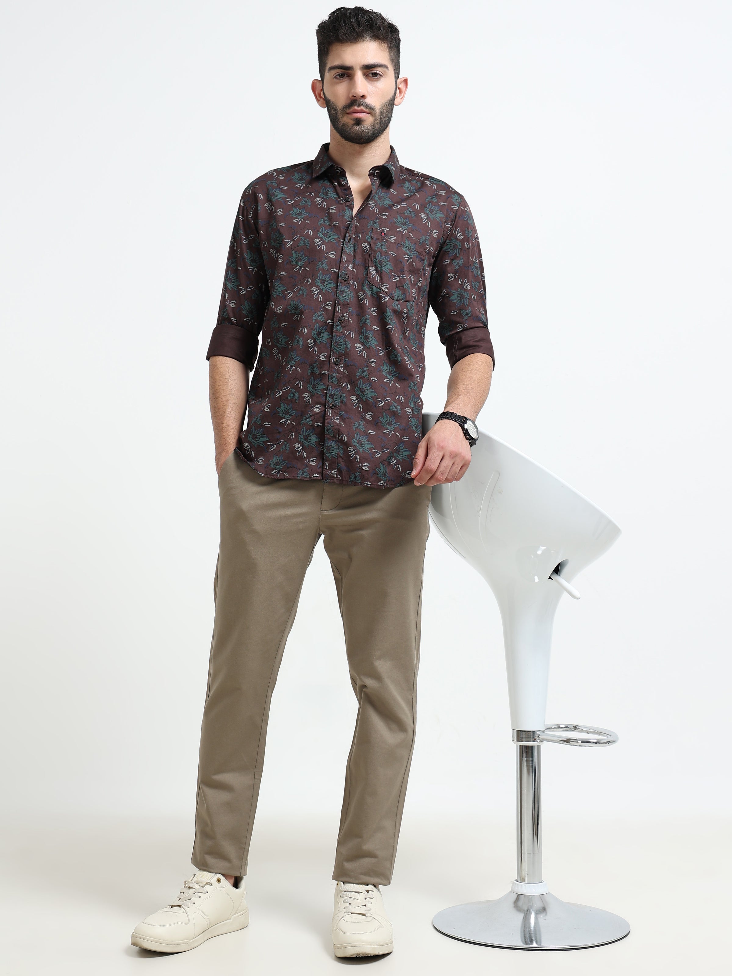 Men Khaki Dobby Narrow Fit Casual Trousers