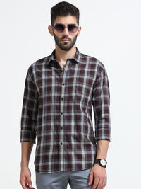 Brown Checks Slim Fit Cotton Casual Shirts