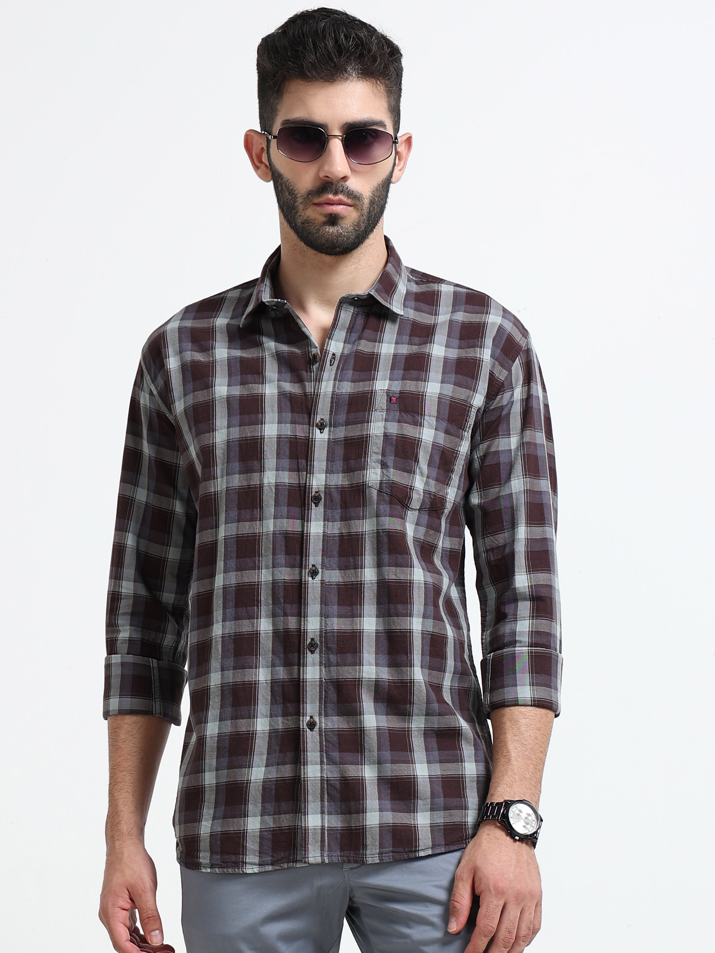 Brown Checks Slim Fit Cotton Casual Shirts