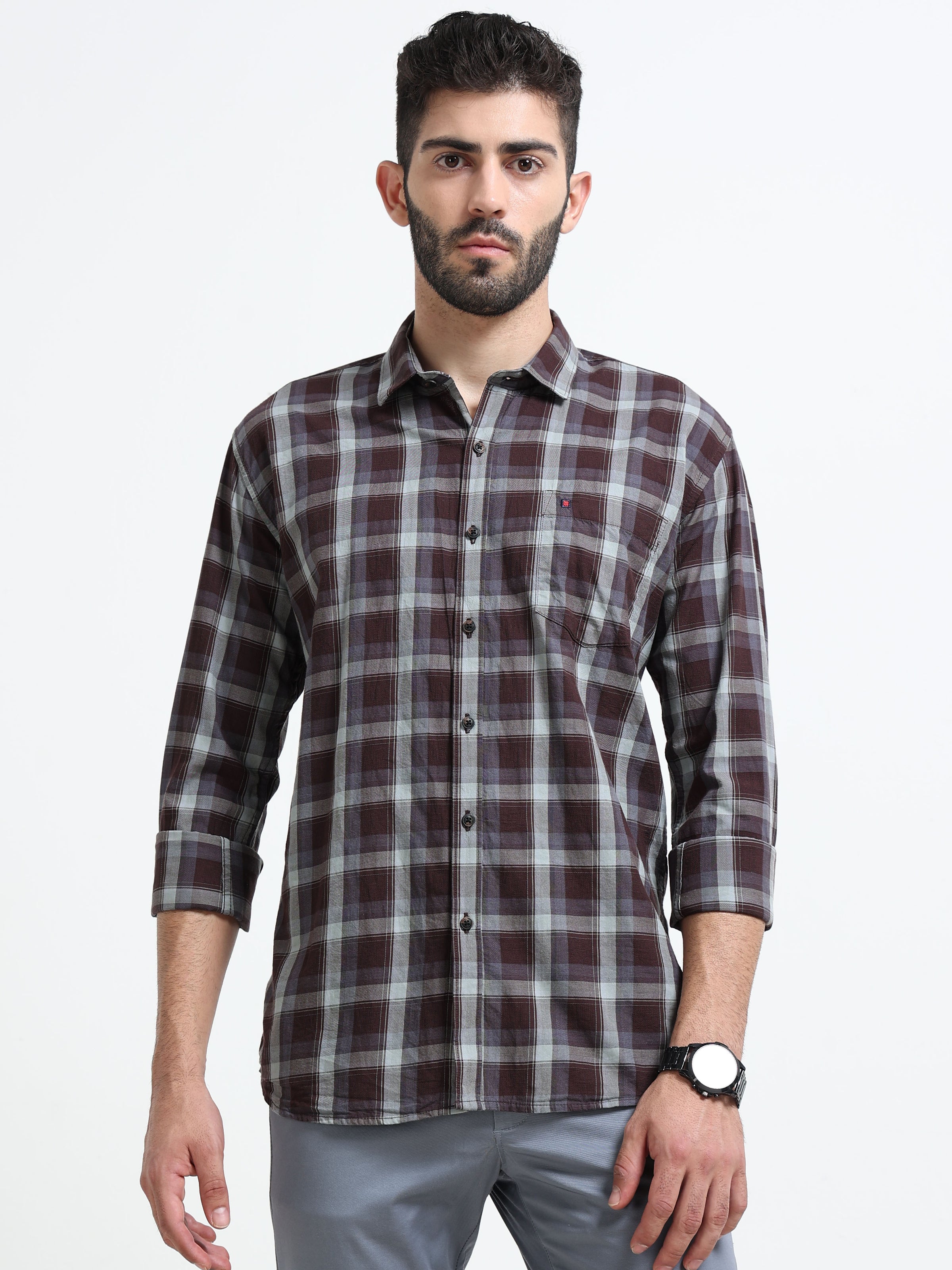 Brown Checks Slim Fit Cotton Casual Shirts