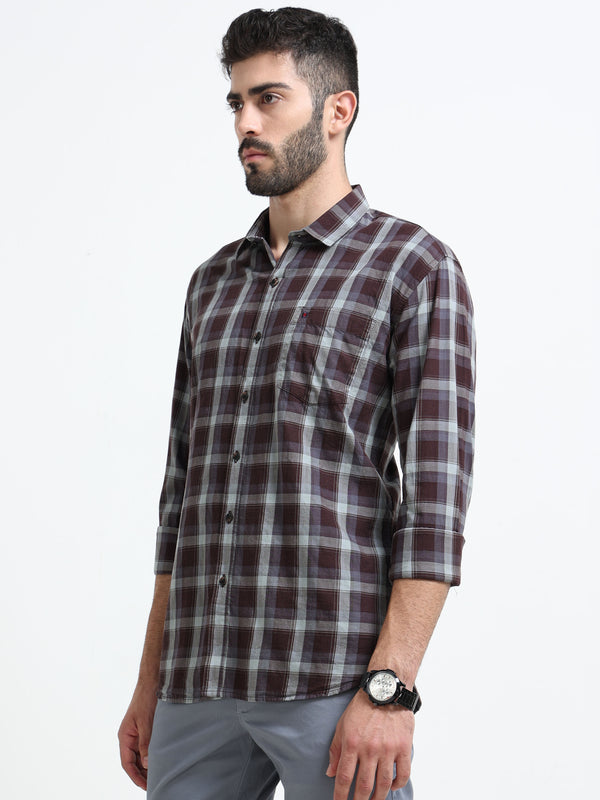 Brown Checks Slim Fit Cotton Casual Shirts