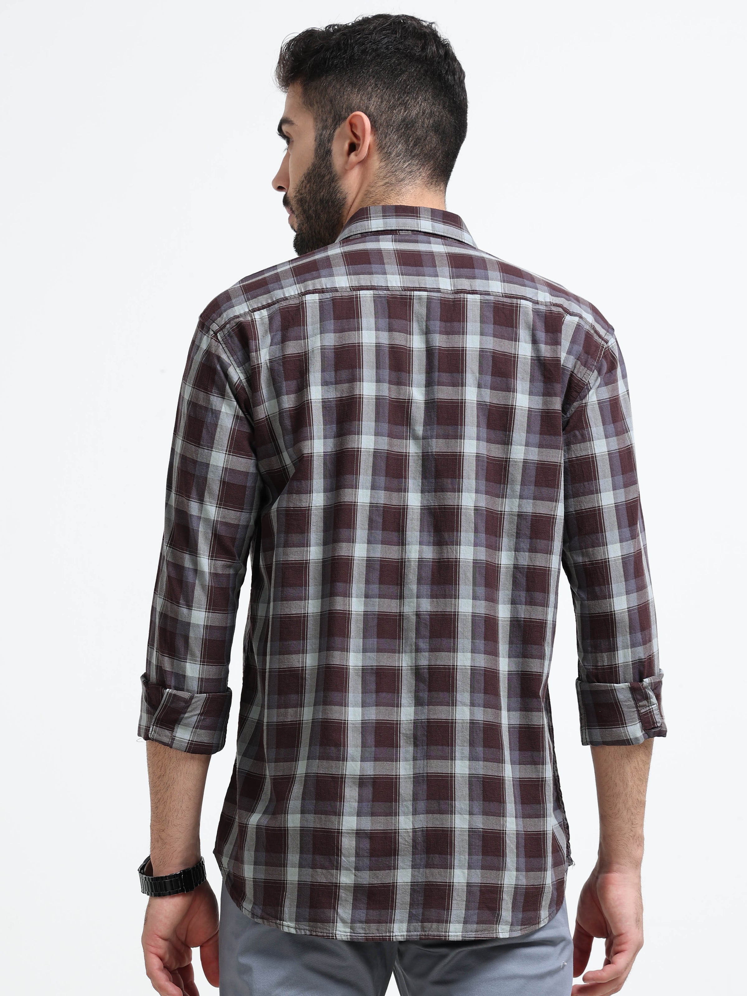 Brown Checks Slim Fit Cotton Casual Shirts
