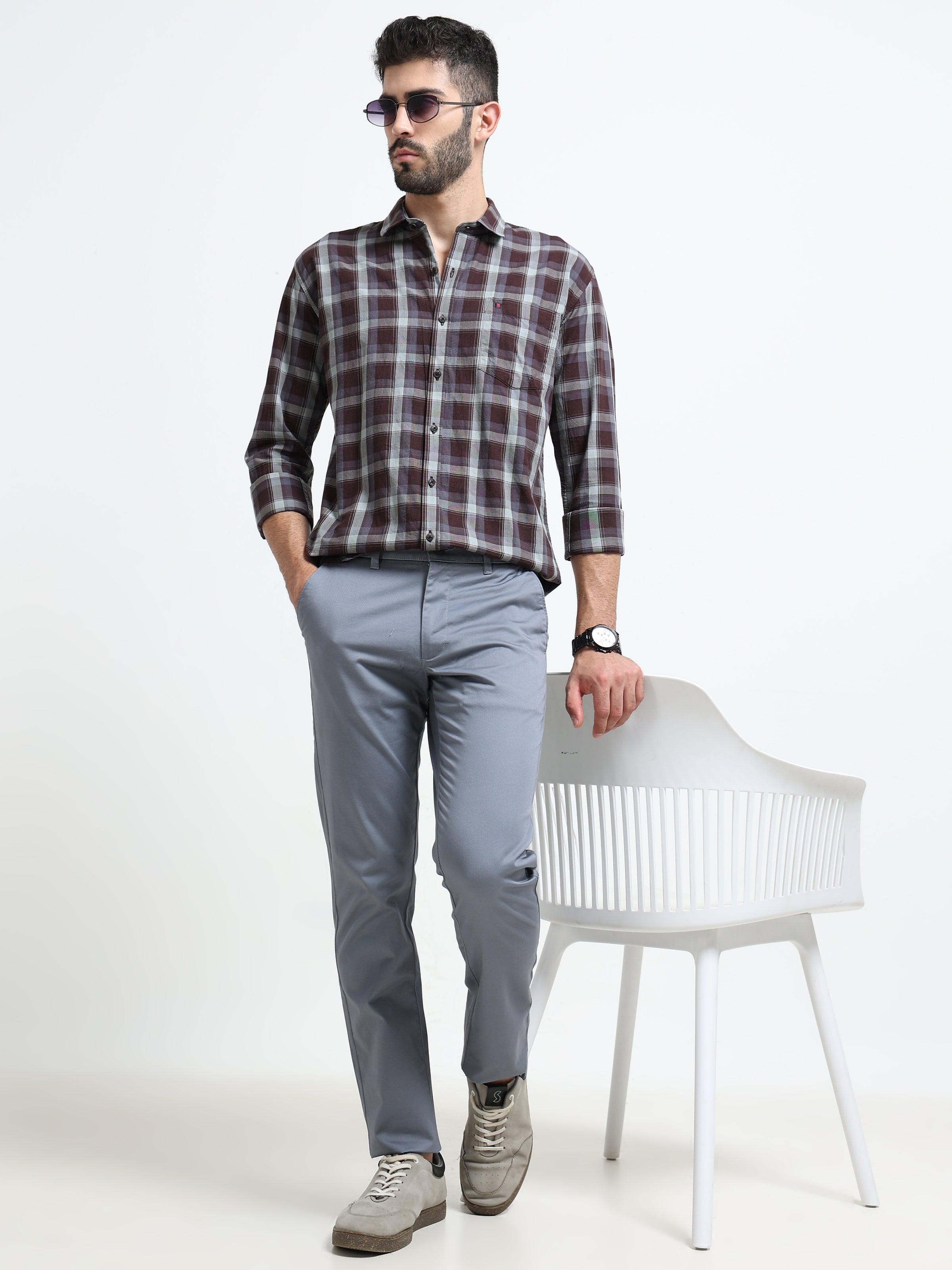 Brown Checks Slim Fit Cotton Casual Shirts
