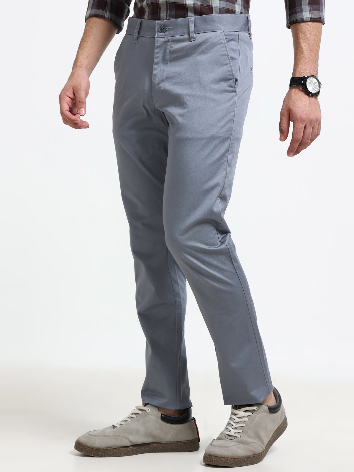 Men Grey Solid Narrow Fit Casual Trousers