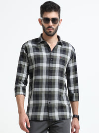 Olive Checks Slim Fit Full Sleeves Casual Shirts