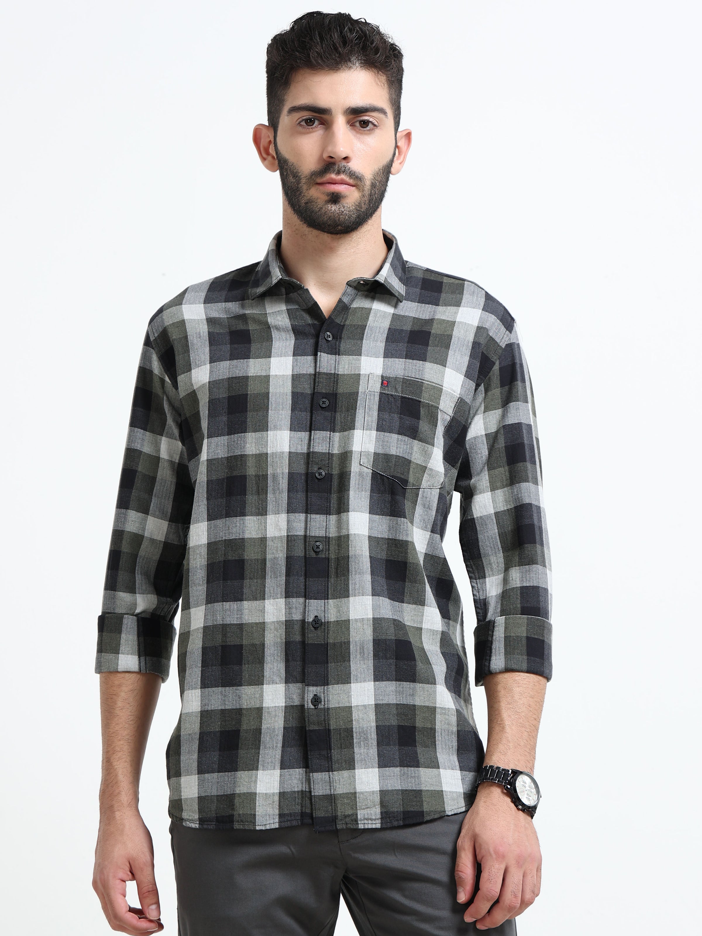 Olive Checks Slim Fit Full Sleeves Casual Shirts