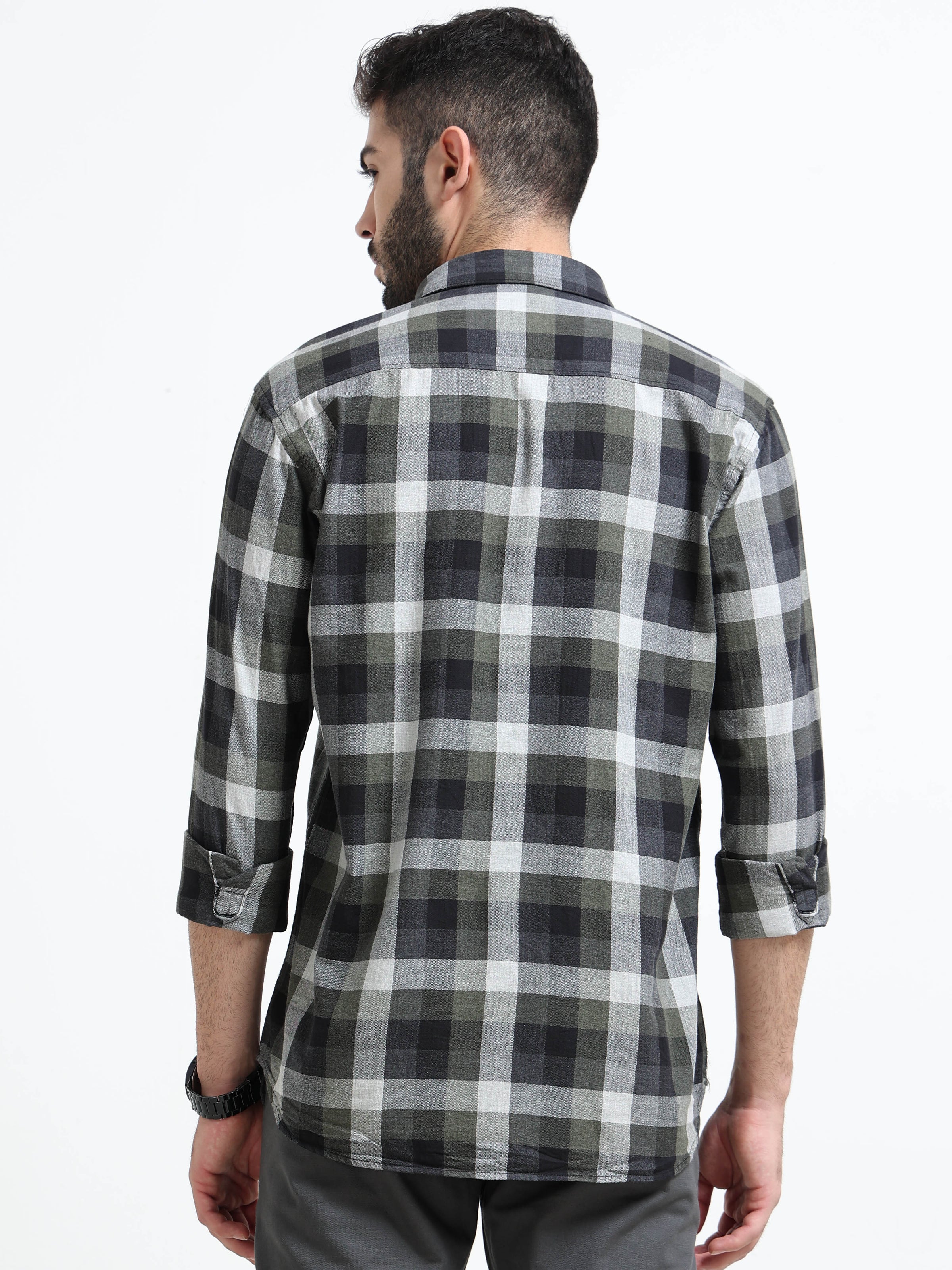 Olive Checks Slim Fit Full Sleeves Casual Shirts