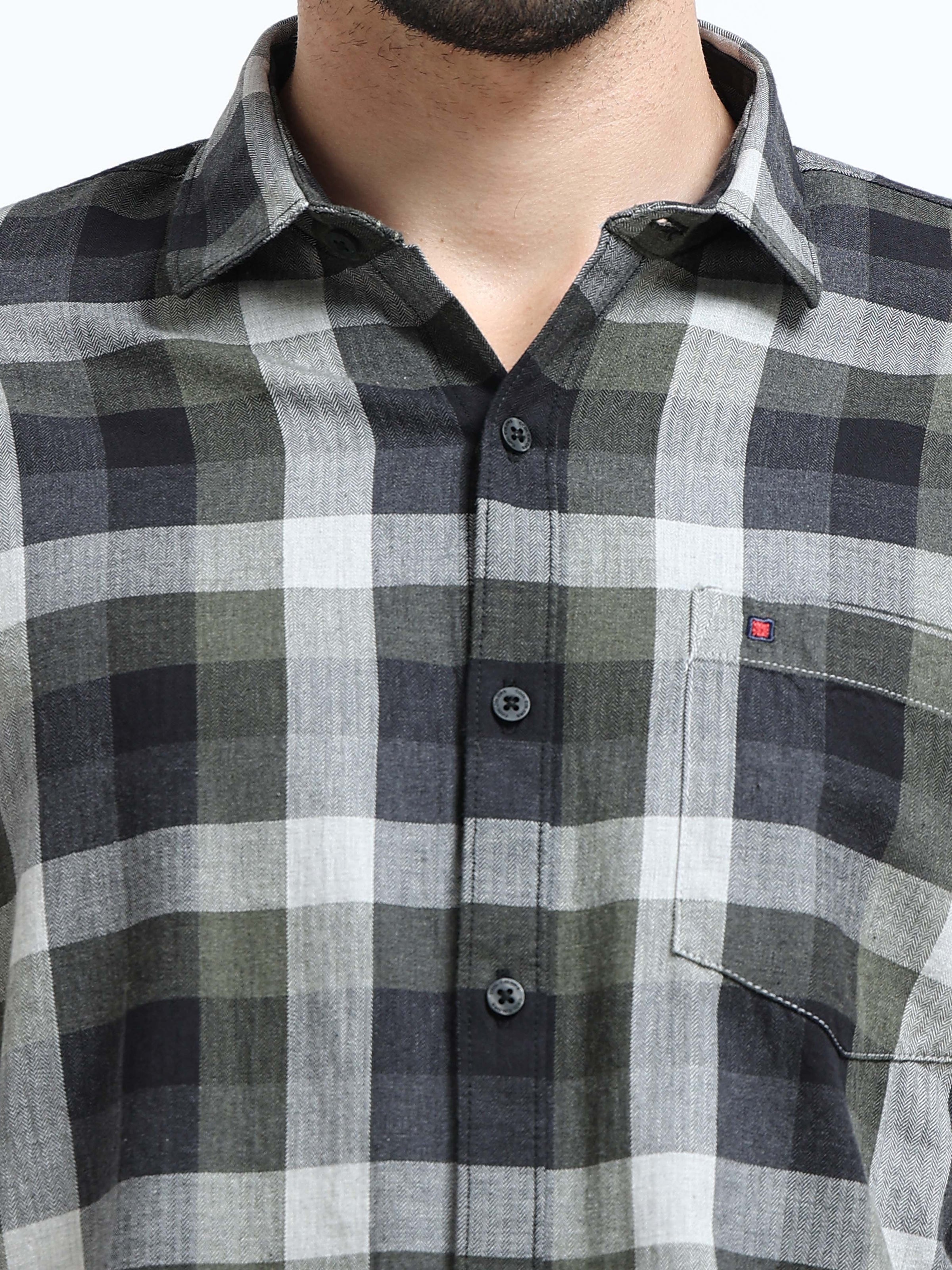 Olive Checks Slim Fit Full Sleeves Casual Shirts