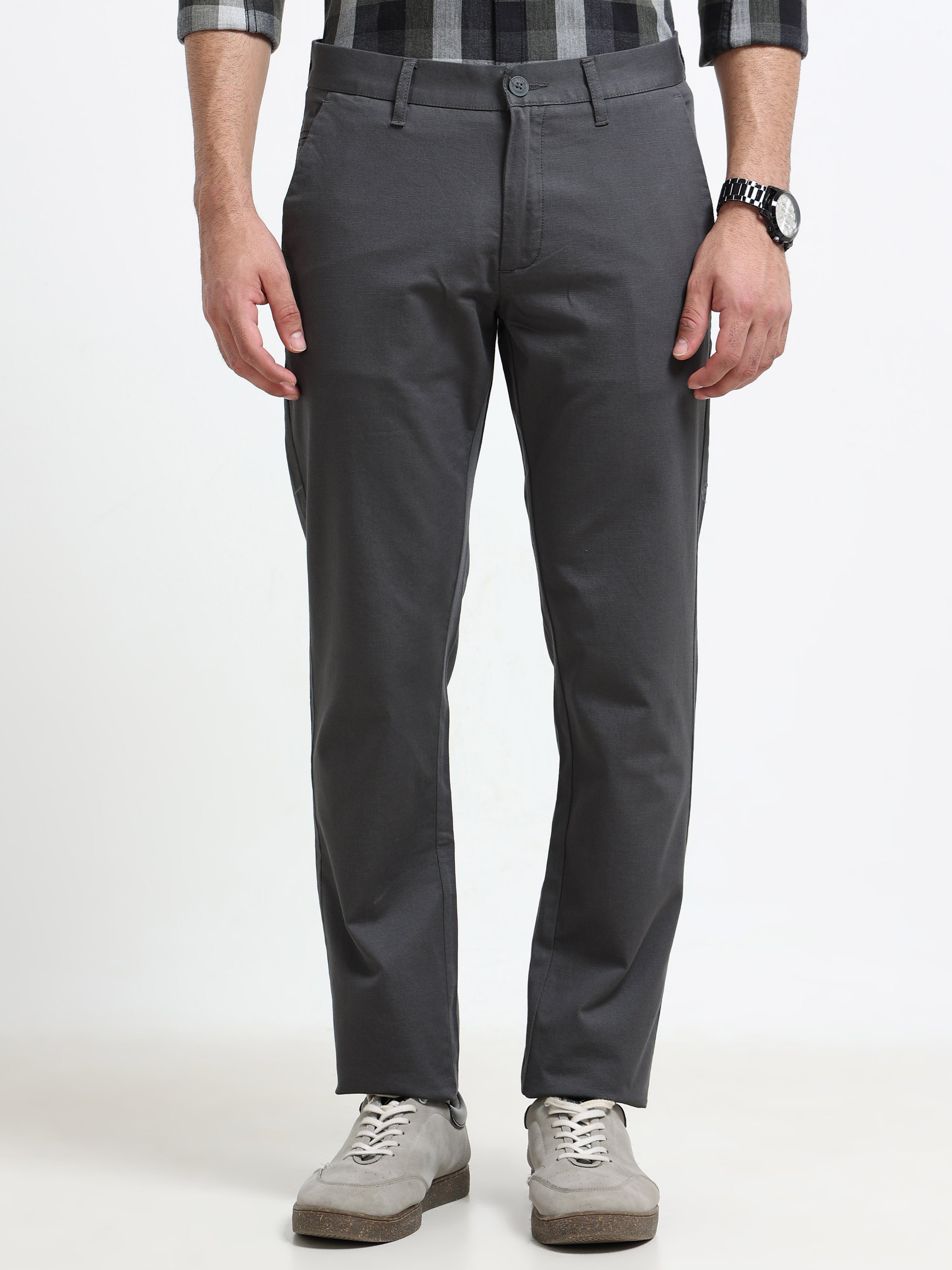 Men Dark Grey Dobby Narrow Fit Casual Trousers
