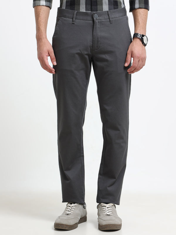 Men Dark Grey Dobby Narrow Fit Casual Trousers