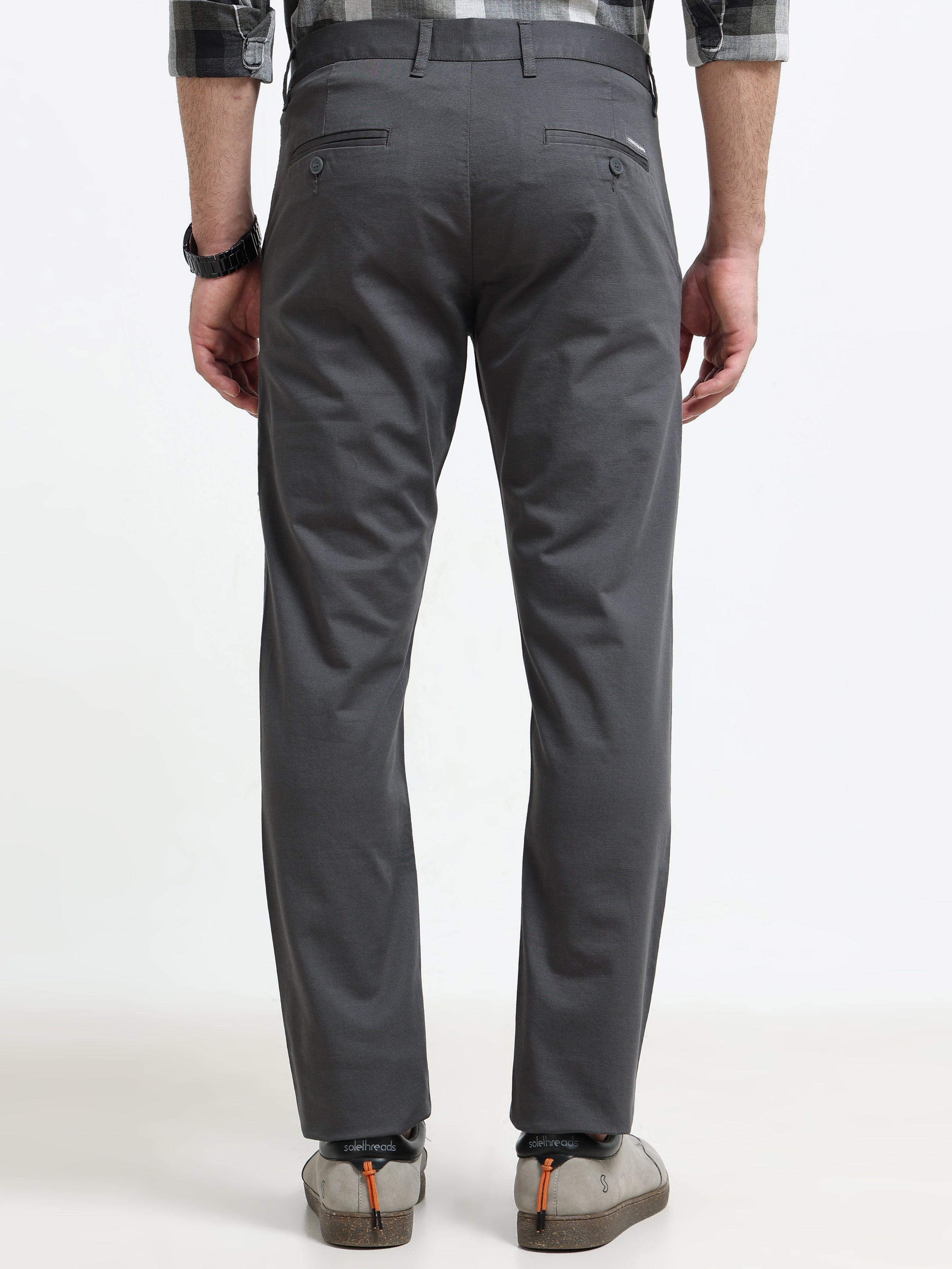 Men Dark Grey Dobby Narrow Fit Casual Trousers