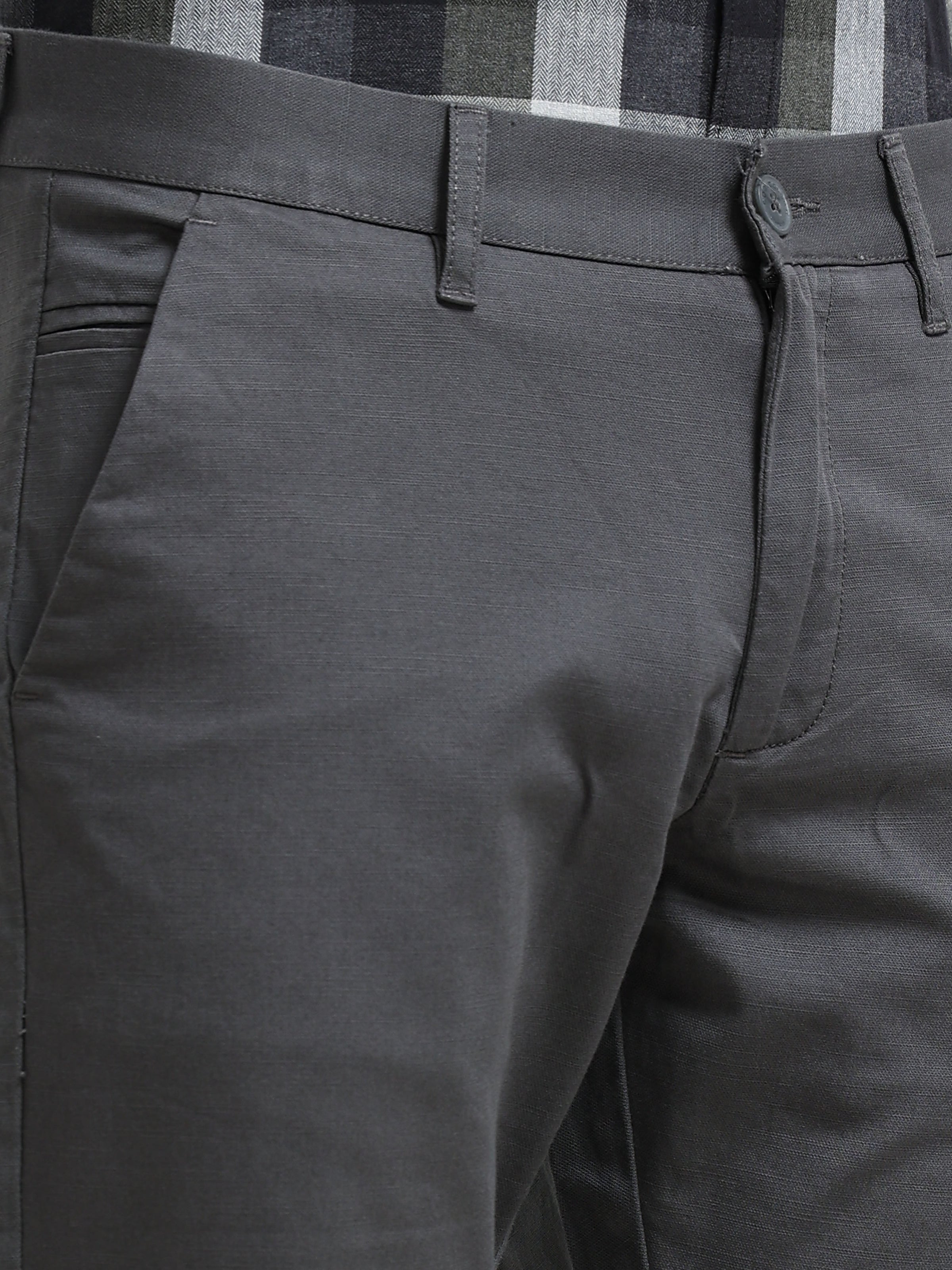 Men Dark Grey Dobby Narrow Fit Casual Trousers