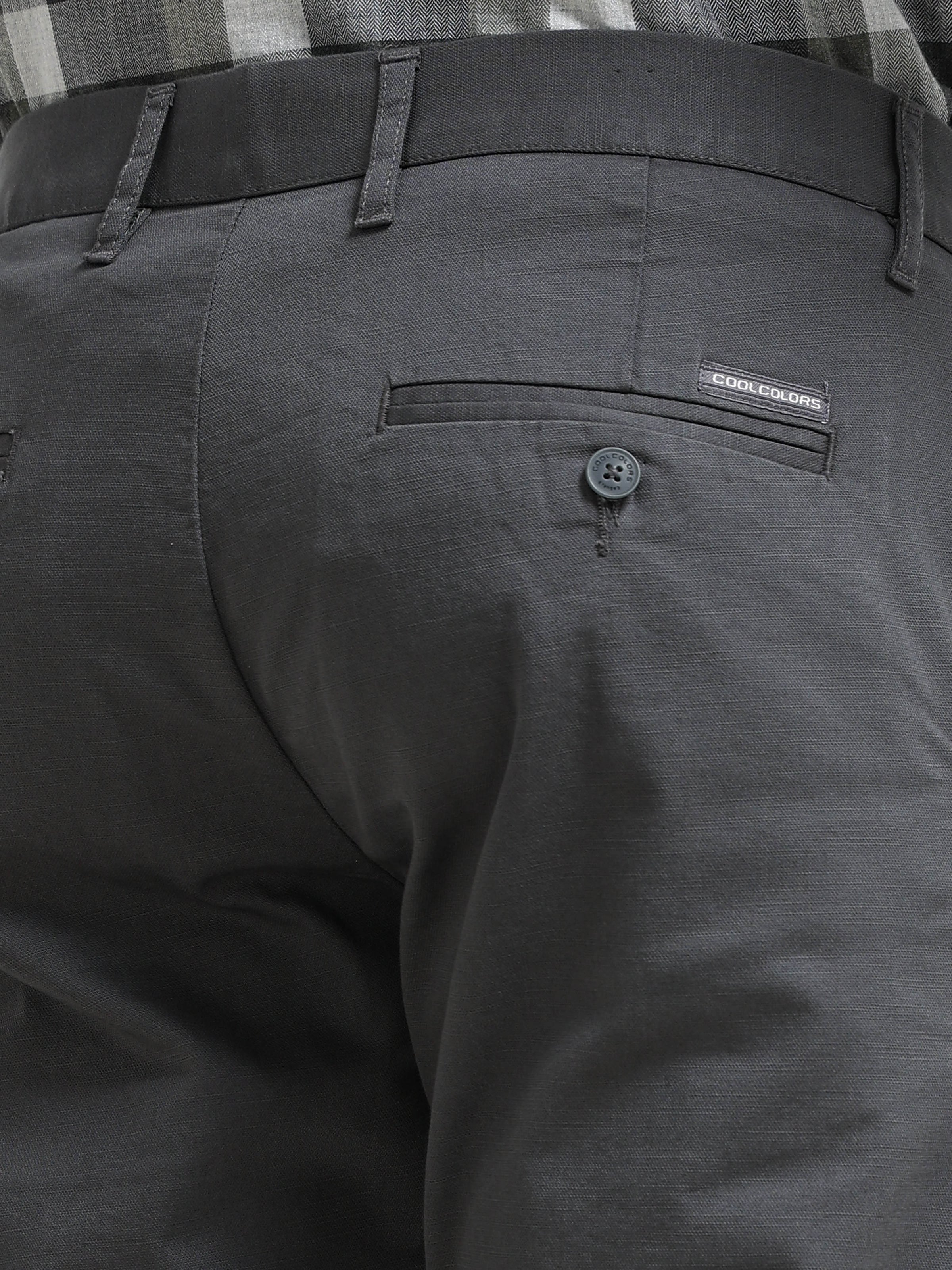 Men Dark Grey Dobby Narrow Fit Casual Trousers