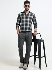 Men Dark Grey Dobby Narrow Fit Casual Trousers