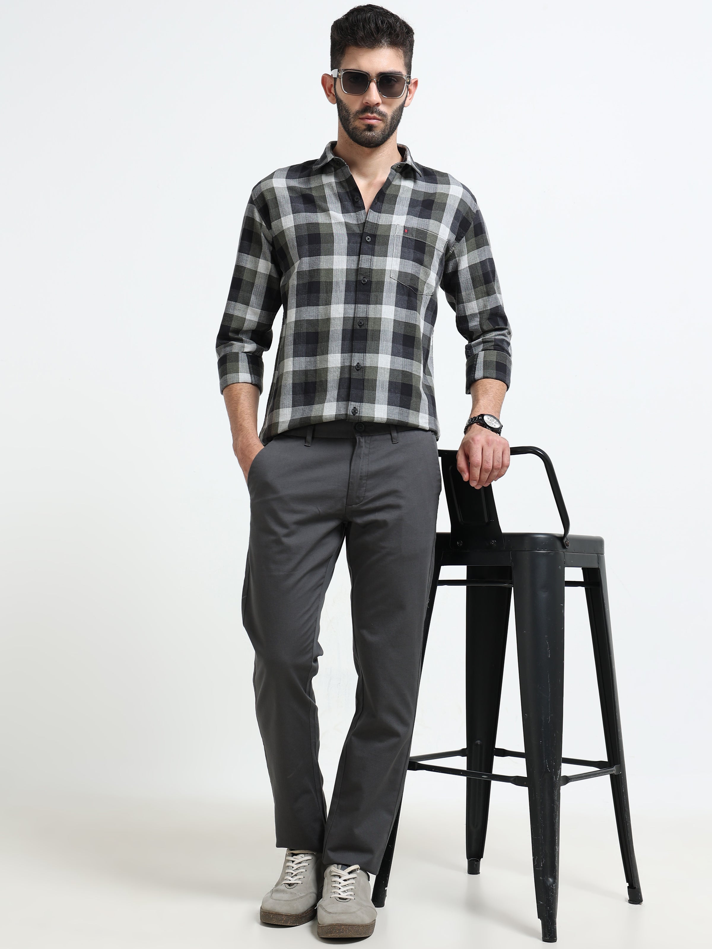 Men Dark Grey Dobby Narrow Fit Casual Trousers
