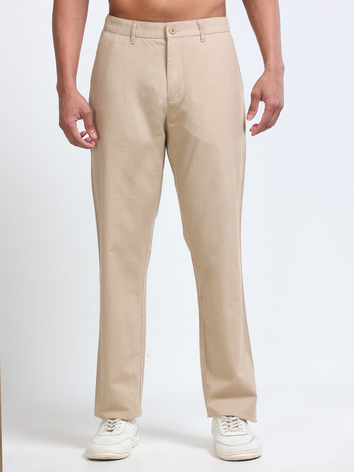 Cool Colors Men's Khaki Comfort Fit Solid Linen Trousers