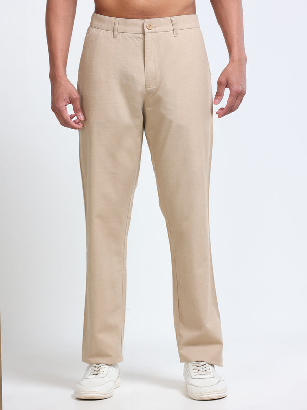 Cool Colors Men's Khaki Comfort Fit Solid Linen Trousers